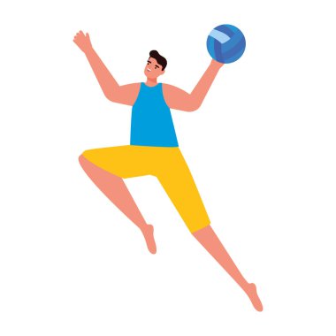 Beyaz arka planda voleybol oynayan genç adam