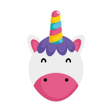 Beyaz arka planda kawaii tek boynuzlu at yüzü