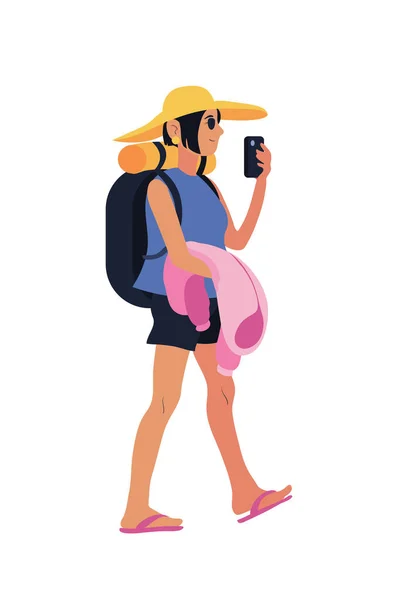 Illustration Dame Voyageur Avec Smartphone — Image vectorielle