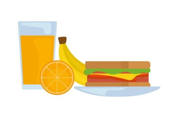 Petit Déjeuner Avec Sandwich Fruits Jus Orange — Image vectorielle