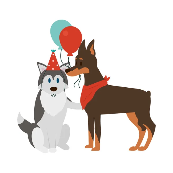 Niedliche Hunde Geburtstag Mit Party Hut Und Luftballons — Stockvektor