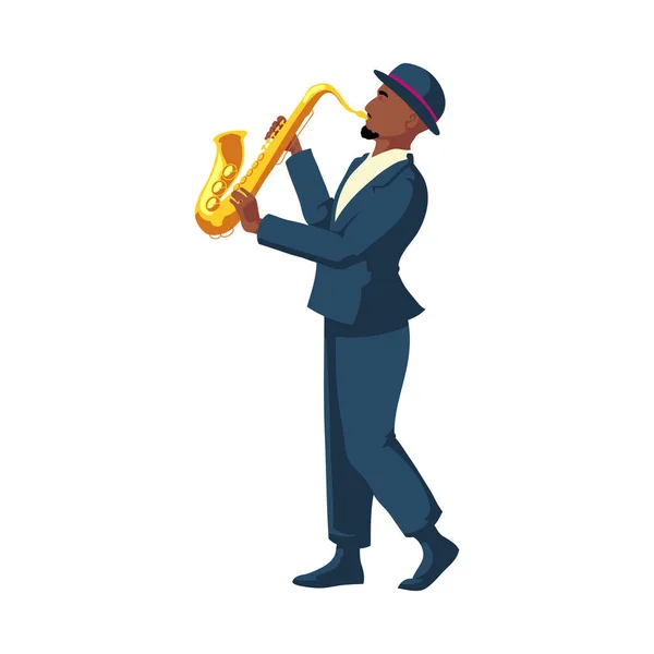Músico Tocando Saxofón Sobre Blanco — Vector de stock