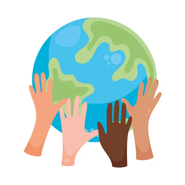 Diversity Hands Lifting Planet Earth Icon — Stock Vector