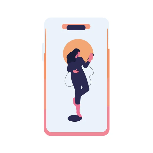 Smartphone Avec Femme Écoutant Musique Sur Blanc — Image vectorielle