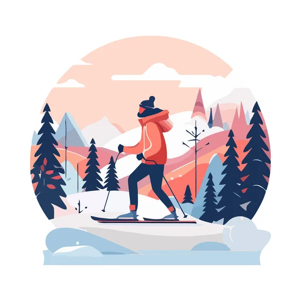 Paysage Neige Avec Skieur Scène Hiver — Image vectorielle