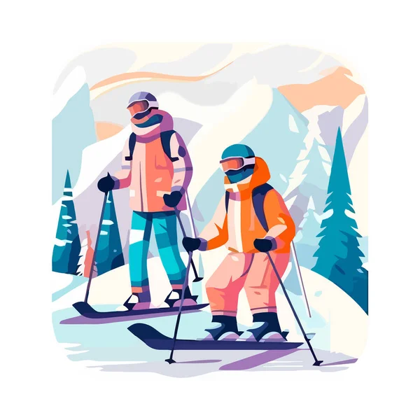 Snowscape Com Esquiadores Cena Inverno — Vetor de Stock