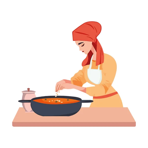 Souriantes Femmes Cuisinant Soupe Gastronomique Dans Cuisine Isolée — Image vectorielle