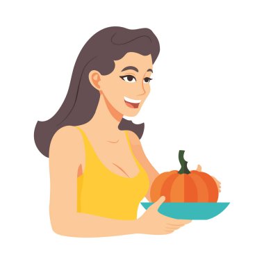 Gülen kadınlar balkabağı tutuyor, neşeli sonbahar kutlamaları yalnız.