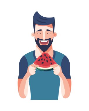 Karpuz tutan gülümseyen adamlar, izole edilmiş neşeyle yiyorlar.