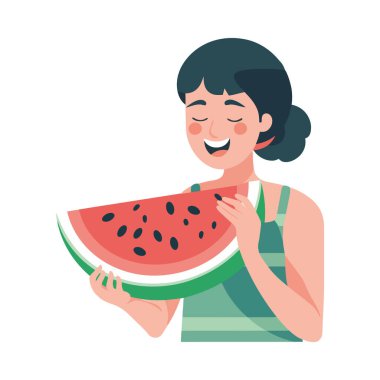 Karpuz dilimleri tutan kadın, izole edilmiş mutlulukla gülümsüyor.