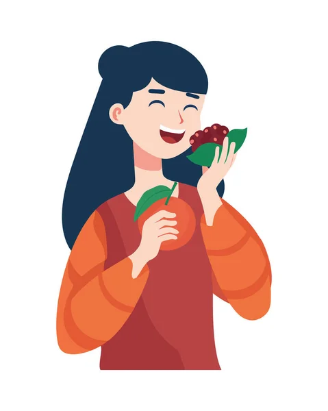 stock vector Smiling women holding fresh organic fruit gift isolated