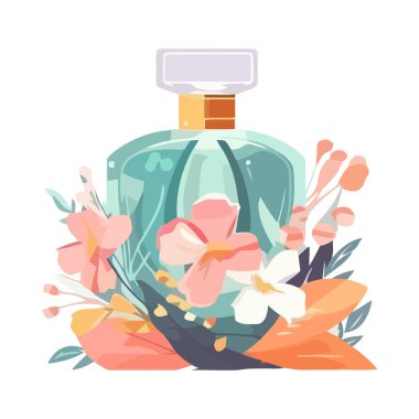 Taze çiçekler ve şişe simgesi izole edildi