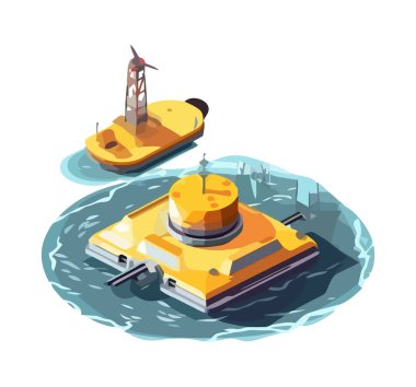 Mavi dalgalar üzerinde seyreden düz çizgi film gemisi.