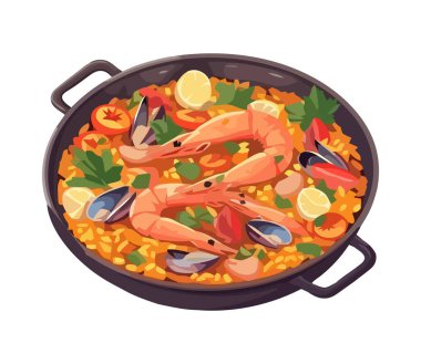 Tecrit edilmiş taze sebzelerle pişirilmiş gurme deniz ürünleri paella.