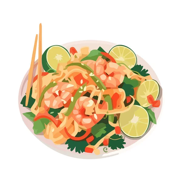 Salada Frutos Mar Frescos Com Camarões Limão Isolado — Vetor de Stock