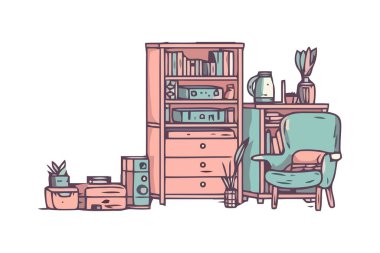 Kitap rafı dekorasyonu izole edilmiş modern yurt içi odası