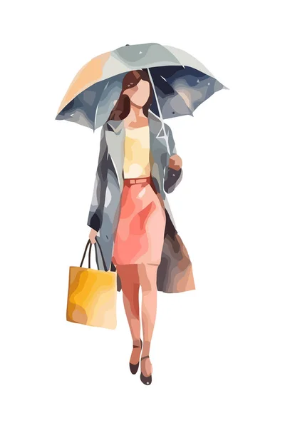 Una Mujer Caminando Con Paraguas Lluvia Aislada — Vector de stock