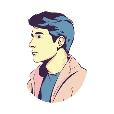 Mavi saçlı, gülümseyen çizgi film çocuğu.