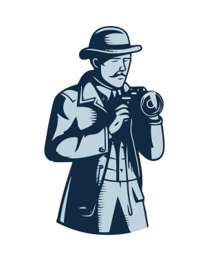 Retro işadamı elinde bir kamera tutuyor.