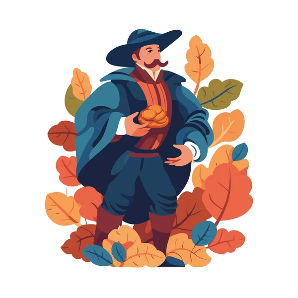 Renaissance Mann Mit Traditioneller Kleidung Und Blättern Isoliert — Stockvektor