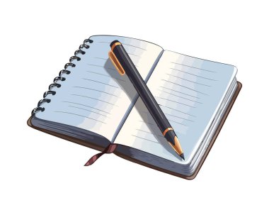 Spiral defter ve kalem, simge izole çalışma için hazır