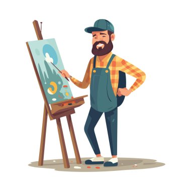 Sakallı zanaatkar elinde boya fırçası ve resim resmi ile tek başına duruyor.