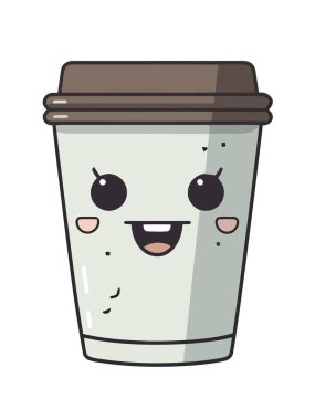 Tek kullanımlık kahve bardağı ikonu olan neşeli çizgi film maskotu.