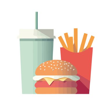 Öğle yemeği ikonu için taze ızgara burger ve patates kızartması.