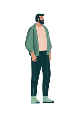 Kendine güvenen bir gülümseme ikonu olan takım elbiseli sakallı bir adam.