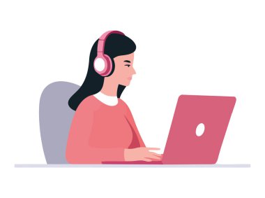 Genç bir yetişkin oturuyor, çalışıyor, gülümsüyor, kulaklık ikonuyla dinliyor.