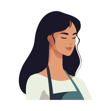 Önlüklü gülümseyen garson, izole edilmiş lezzetli yemek ikonu servis ediyor.