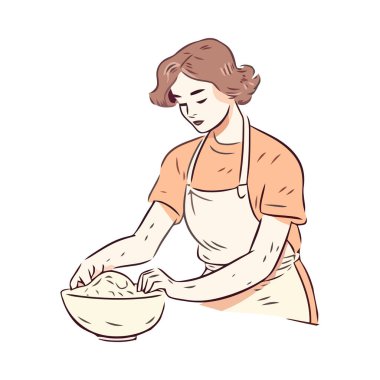 Mutfak ikonunda ev yapımı ekmek pişiren gülümseyen kadın izole edilmiş.