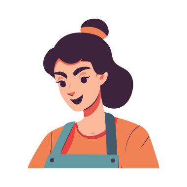 Önlük ikonunda çalışan gülümseyen kadın izole edilmiş.