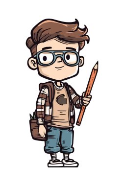 Sırt çantası ve kalem ikonu olan neşeli bir öğrenci.