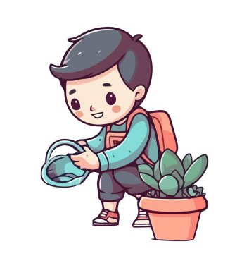 Çiçek saksısı oyuncağı ikonuyla gülen çocuk izole edilmiş