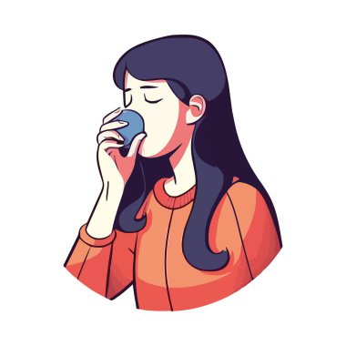 Neşeli iş kadını içki tutuyor, arka plan ikonunda izole edilmiş.