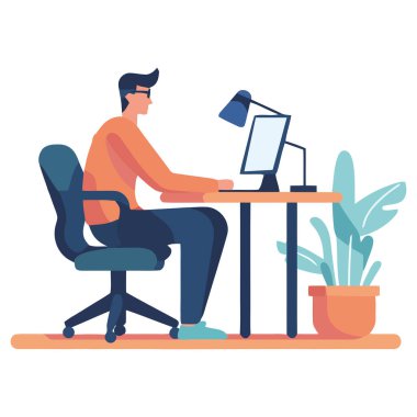 Masada çalışan, bilgisayar kullanan, modern ofis simgesinde izole edilmiş bir adam
