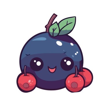 Tatlı yaban mersini maskotu taze meyve ikonu yiyor.