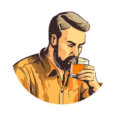 Bir adam içki tutuyor, neşeli bir ikon gibi görünüyor.