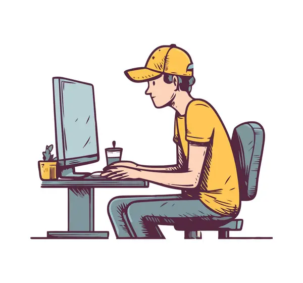 Bir Adam Bilgisayar Simgesi Kullanarak Masada Oturuyor — Stok Vektör