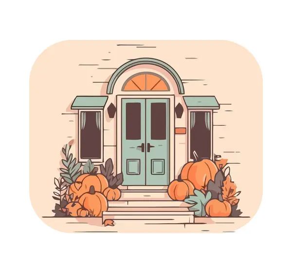 カボチャの装飾が付いている秋のドア ハウス 隔離される設計 — ストックベクタ