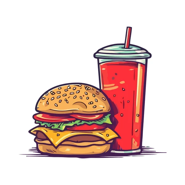 与苏打水杯图标隔离的美食汉堡餐 — 图库矢量图片