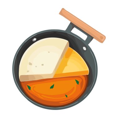 Tencere simgesinde sağlıklı beslenen dilimlenmiş peynir izole edilmiş.