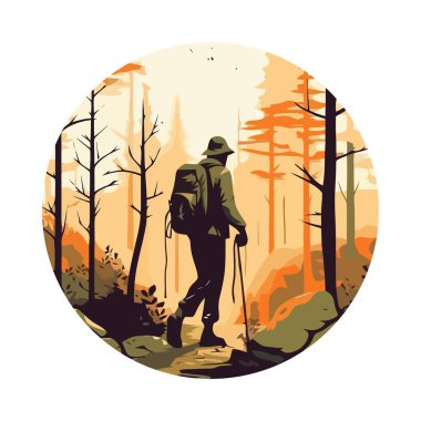 Sırt çantası simgesi izole edilmiş sonbahar ormanlarında yürüyüş yapan siluet.