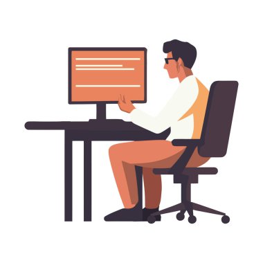 Ofis masasında oturan profesyonel bir işadamı izole edilmiş bir bilgisayar simgesi üzerinde çalışıyor.