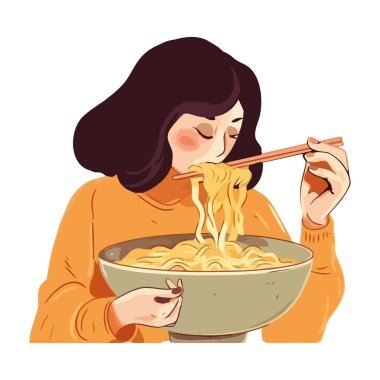 Yemek çubuklarıyla erişte yiyen bir kadın izole edilmiş bir ikonda.