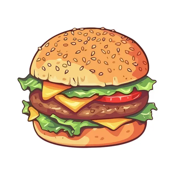 Repas Cheeseburger Grillé Avec Icône Salade Tomates Fraîches Isolé — Image vectorielle