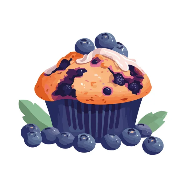 Muffin Aux Myrtilles Avec Icône Crème Feuille Isolé — Image vectorielle