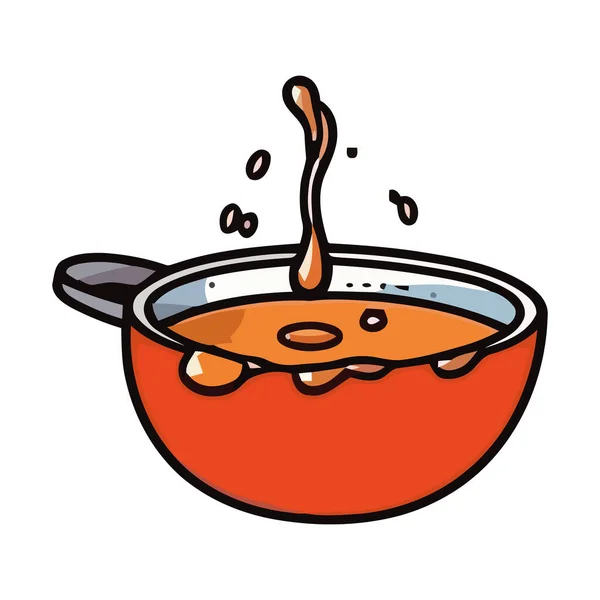 Niedlichen Cartoon Kessel Kochende Suppe Mit Frischem Gemüse Symbol Isoliert — Stockvektor