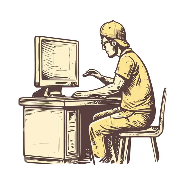 Bir adam bilgisayar simgesi kullanarak masada oturuyor.